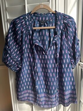 Zac & Rachel Navy Blouse with Pink Geometric Motif and Ruffle Neckline